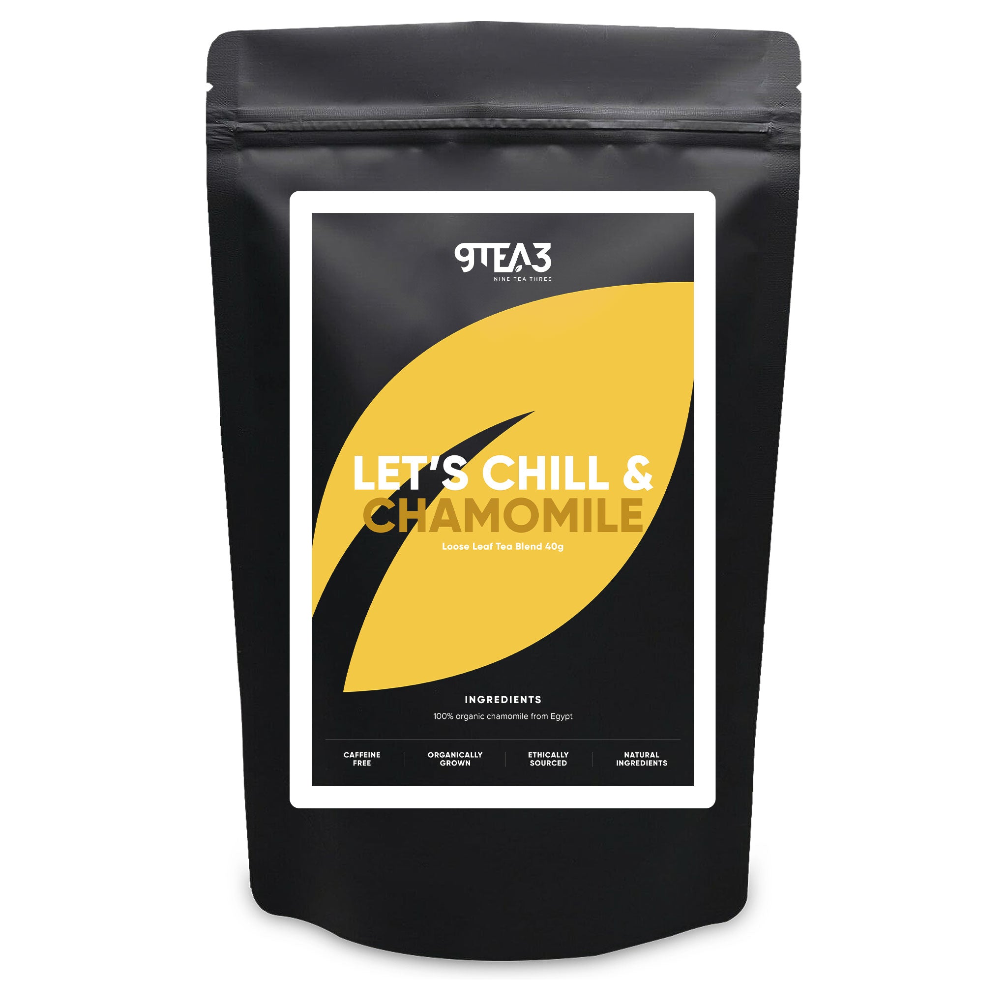 The front of a tea pouch with the Let's Chill and Chamomile label