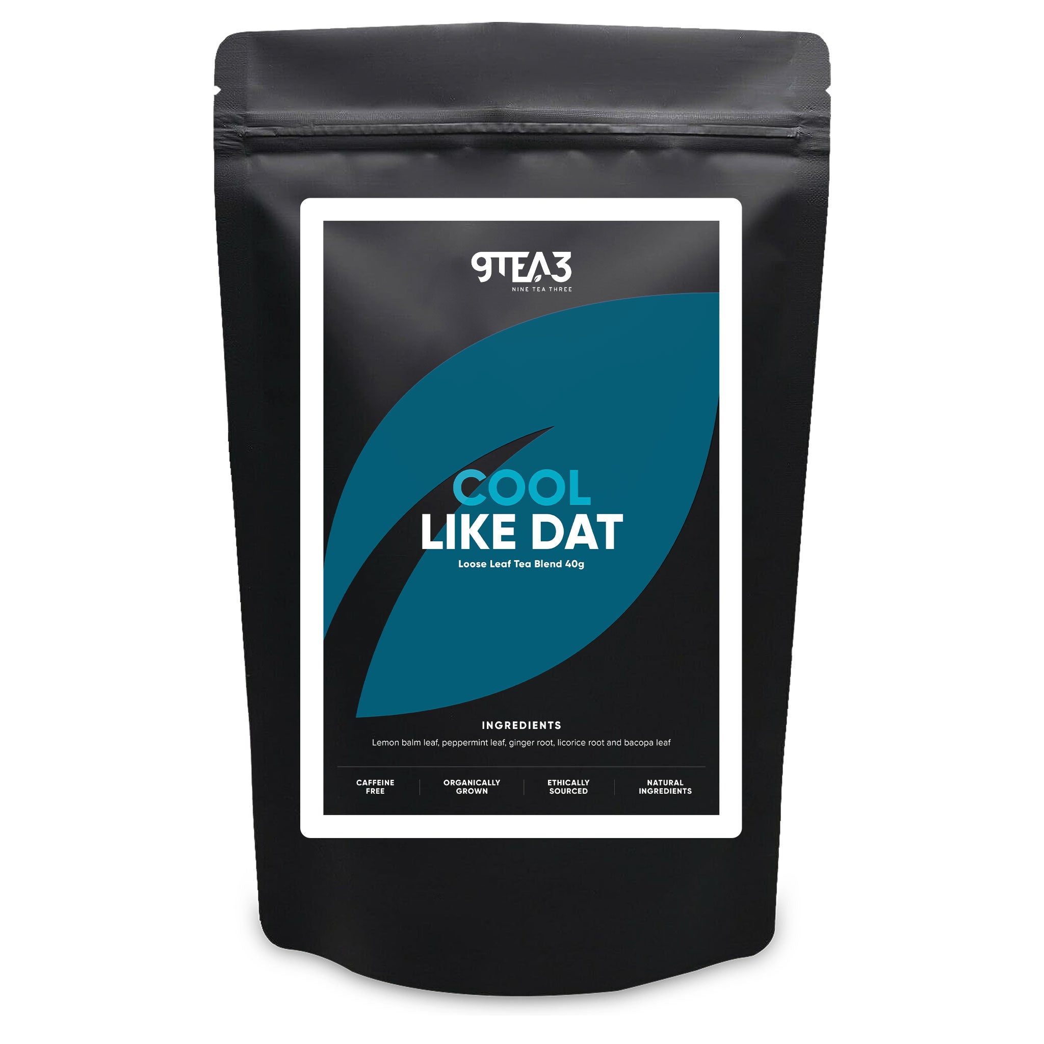 The front of a tea pouch with the Cool Like Dat label