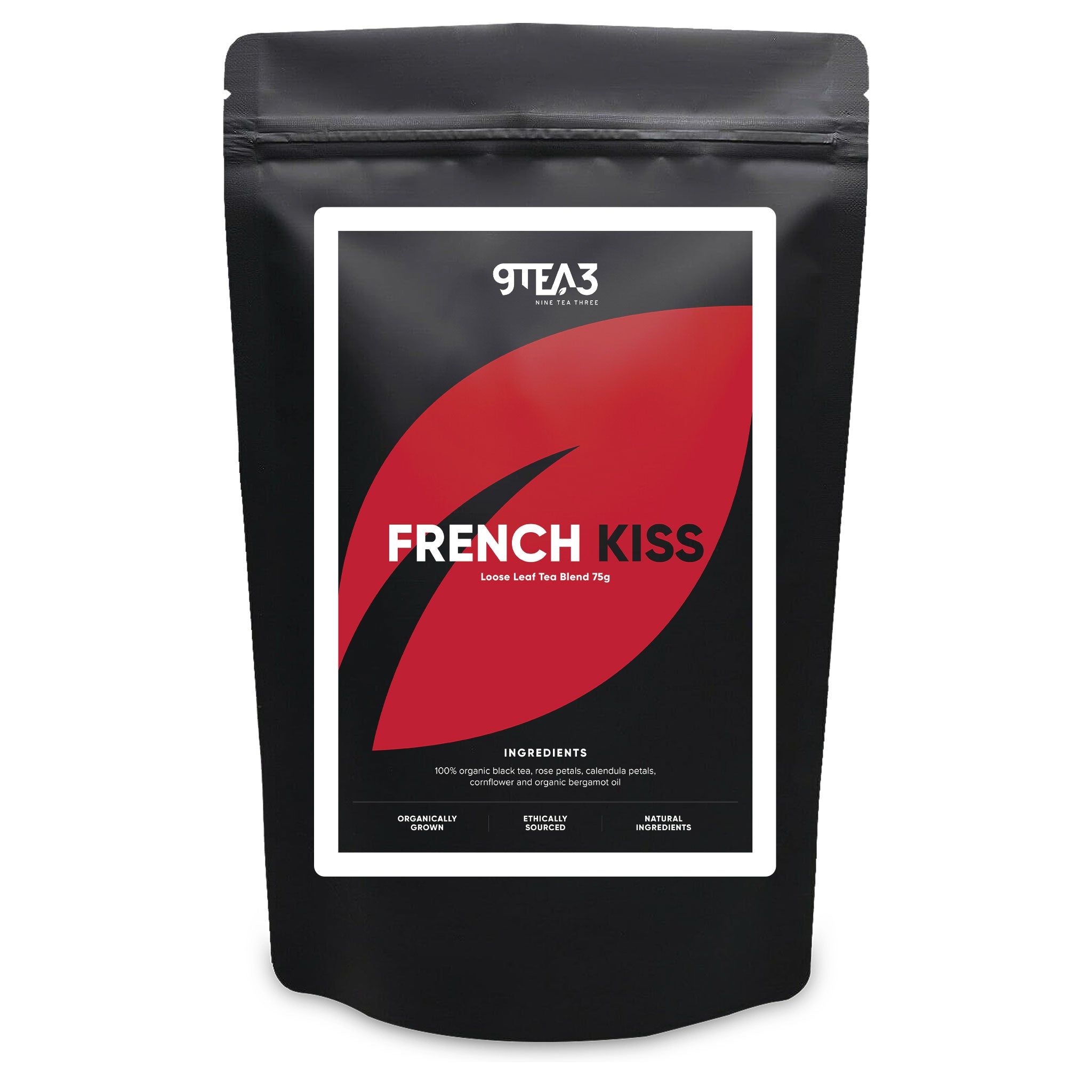 The front of a tea pouch with the French KISS label