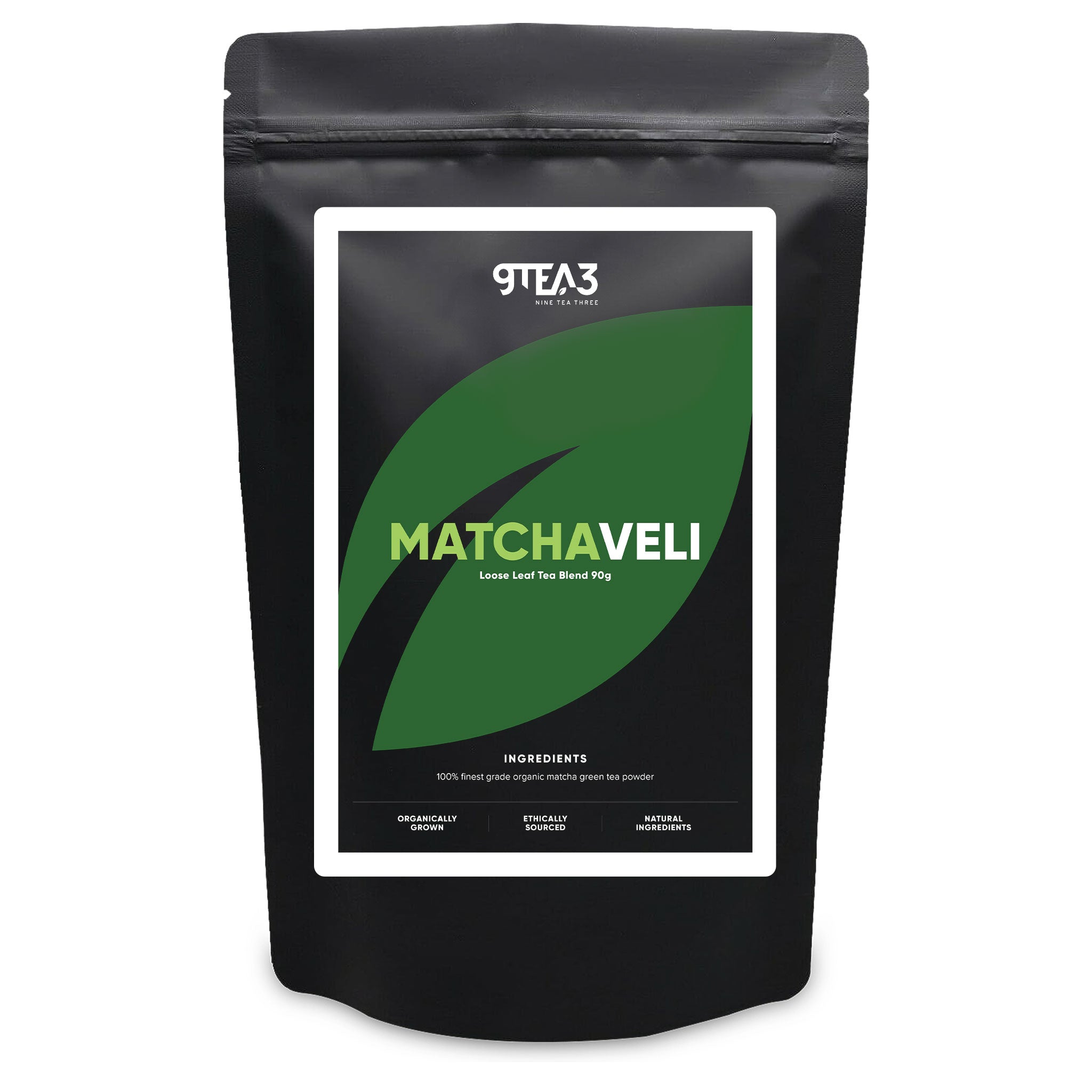 The front of a tea pouch with the Matchaveli label