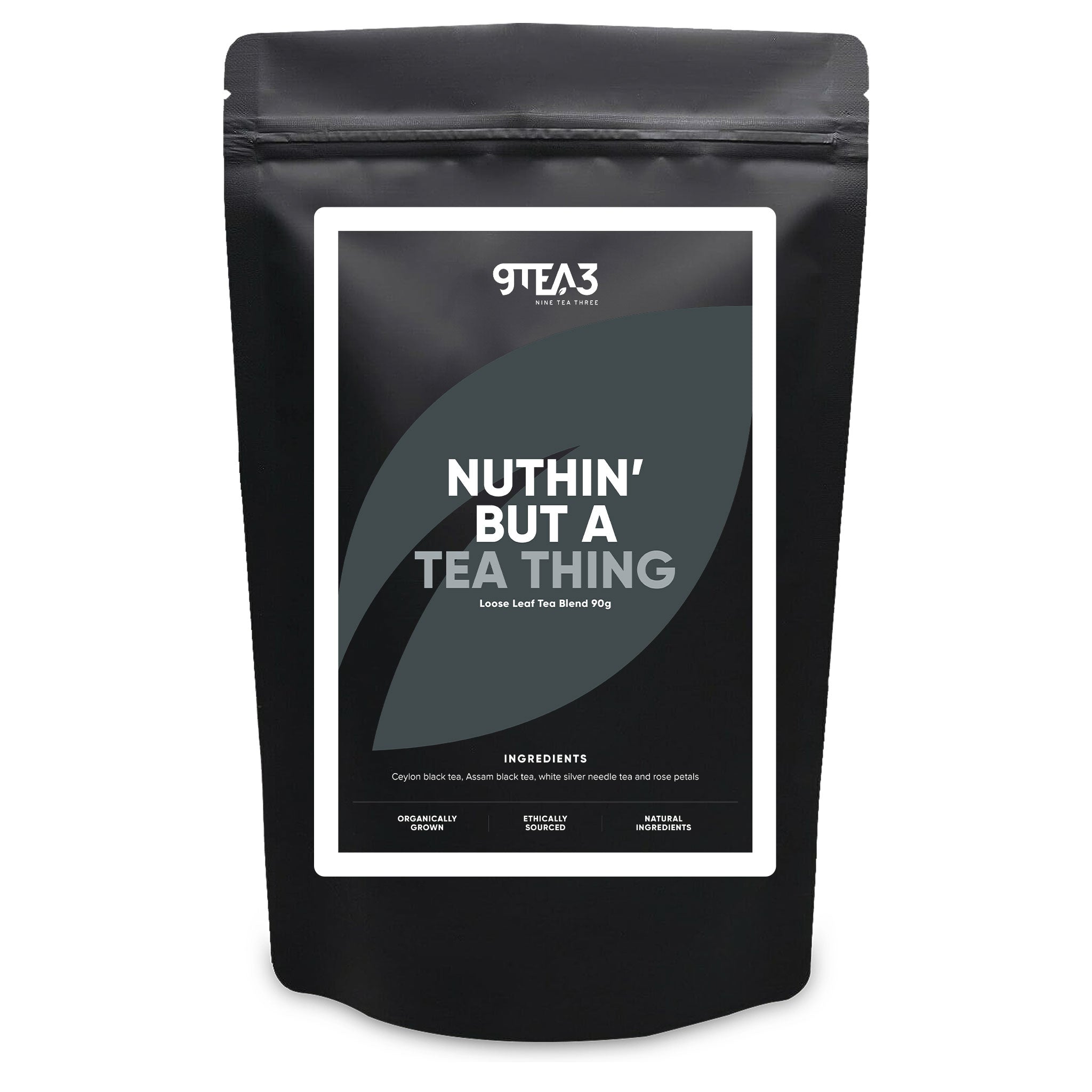 The front of a tea pouch with the Nuthin but a Tea Thing label