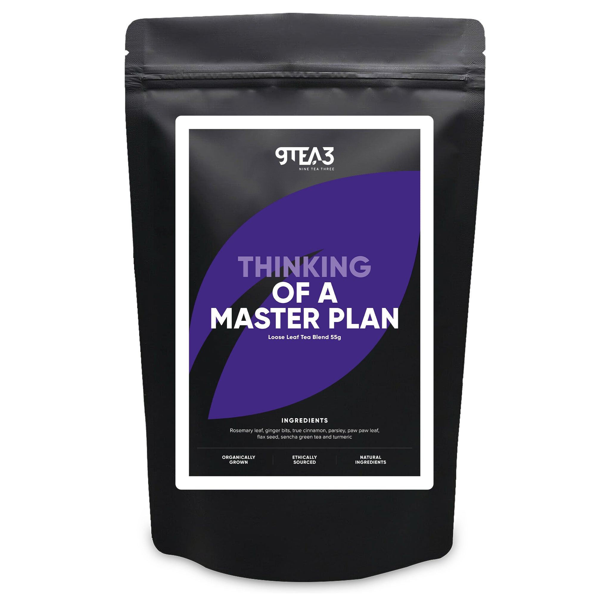 The front of a tea pouch with the Thinking of a MasterPlan label